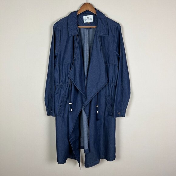 1 Sunset Lane Jacket Womens Large Blue Chambray Duster Draped Open Front Cinched - Picture 14 of 16